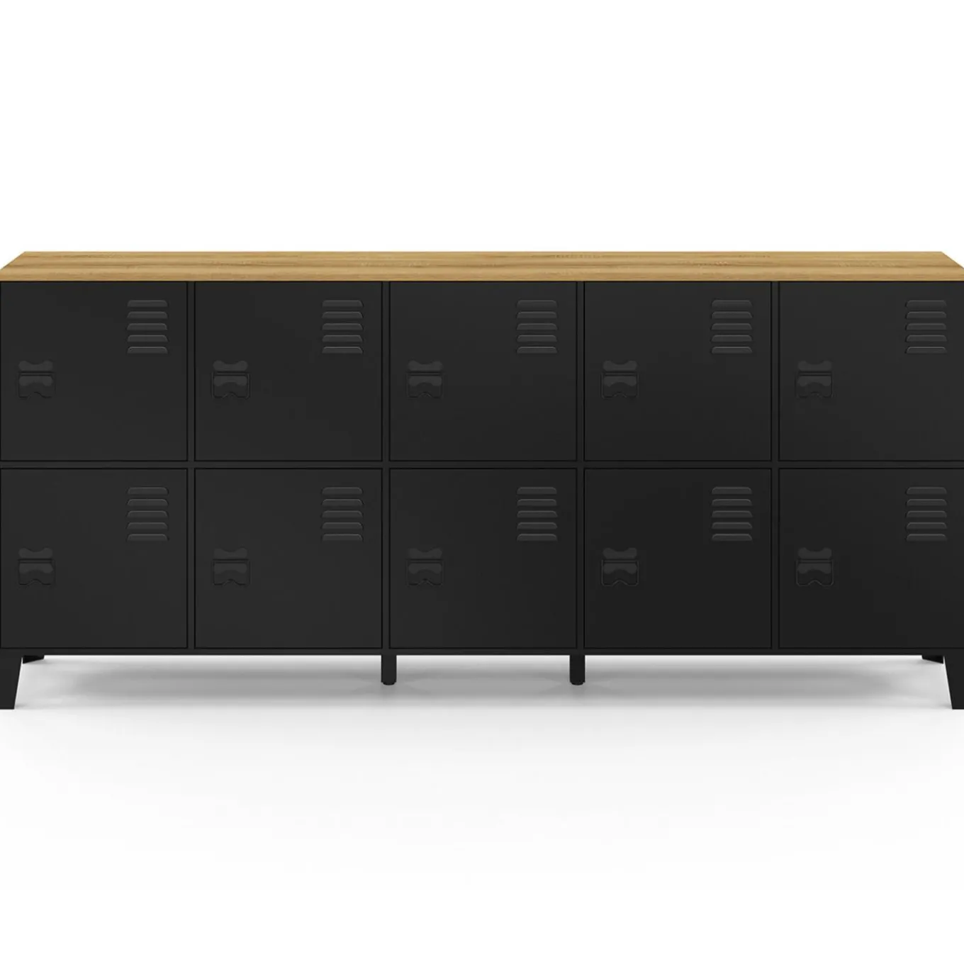 IDMarket Buffet casier 180cm design industriel 10 portes en métal noir et plateau bois* Buffets|Meubles Tv