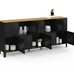 IDMarket Buffet casier 180cm design industriel 10 portes en métal noir et plateau bois* Buffets|Meubles Tv