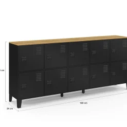 IDMarket Buffet casier 180cm design industriel 10 portes en métal noir et plateau bois* Buffets|Meubles Tv