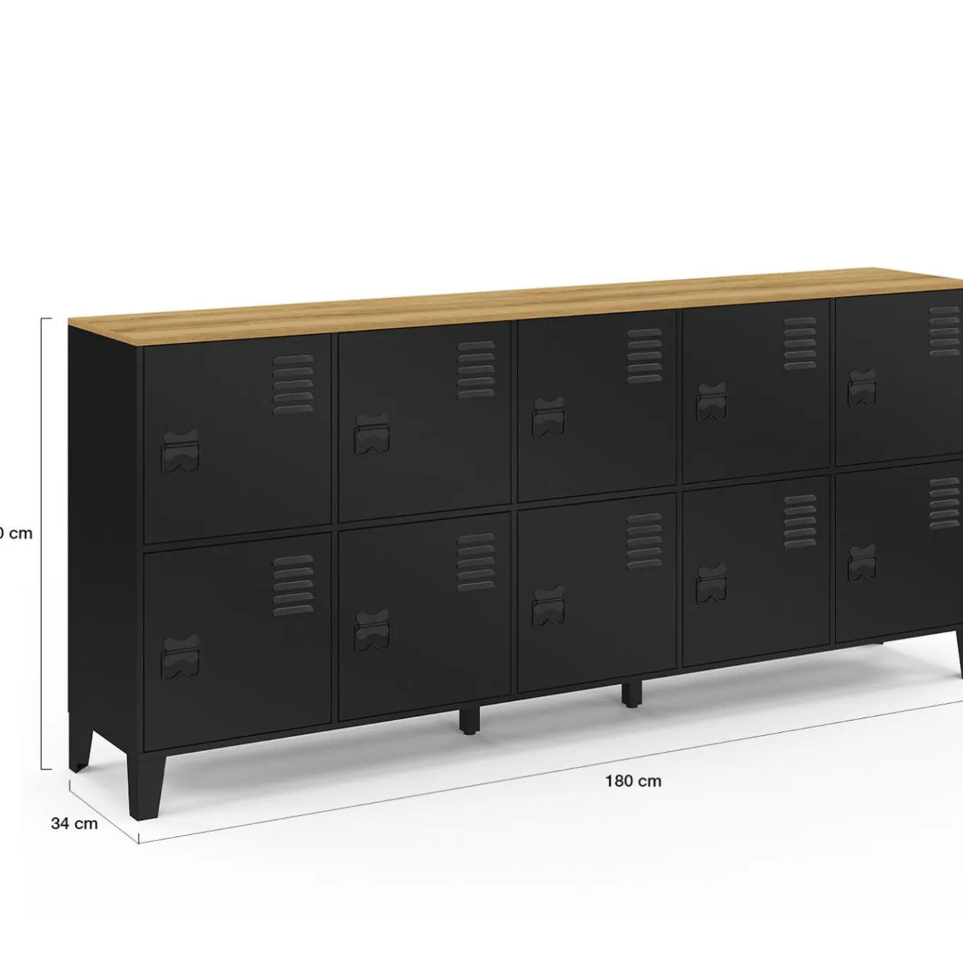 IDMarket Buffet casier 180cm design industriel 10 portes en métal noir et plateau bois* Buffets|Meubles Tv