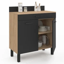 IDMarket Buffet casserolier de cuisine de 80 cm avec 2 portes, 1 tiroir et un plan de travail façon hêtre* Meubles De Cuisine Avec Plan De Travail|Buffets De Cuisine