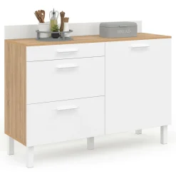 IDMarket Buffet casserolier de cuisine 120 cm avec 1 porte et 3 tiroirs façon hêtre et blanc* Buffets De Cuisine|Vaisseliers