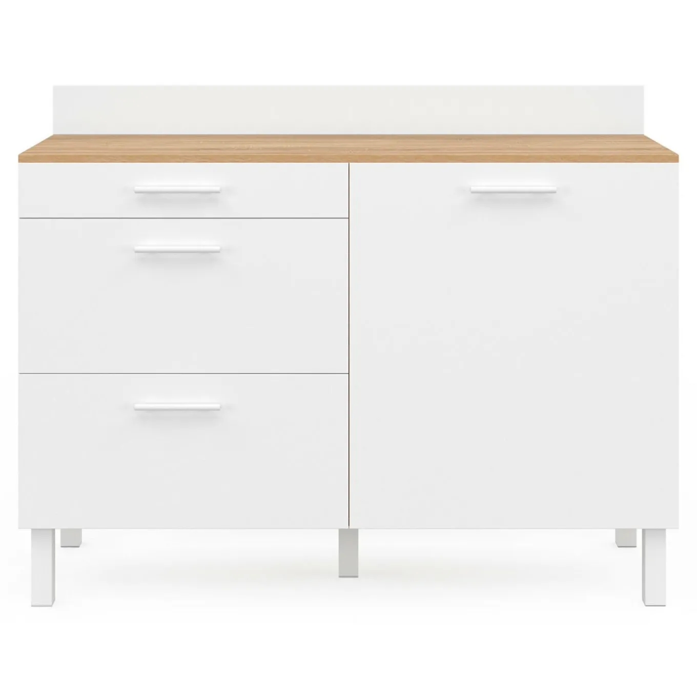 IDMarket Buffet casserolier de cuisine 120 cm avec 1 porte et 3 tiroirs façon hêtre et blanc* Buffets De Cuisine|Vaisseliers