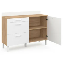 IDMarket Buffet casserolier de cuisine 120 cm avec 1 porte et 3 tiroirs façon hêtre et blanc* Buffets De Cuisine|Vaisseliers