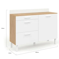 IDMarket Buffet casserolier de cuisine 120 cm avec 1 porte et 3 tiroirs façon hêtre et blanc* Buffets De Cuisine|Vaisseliers