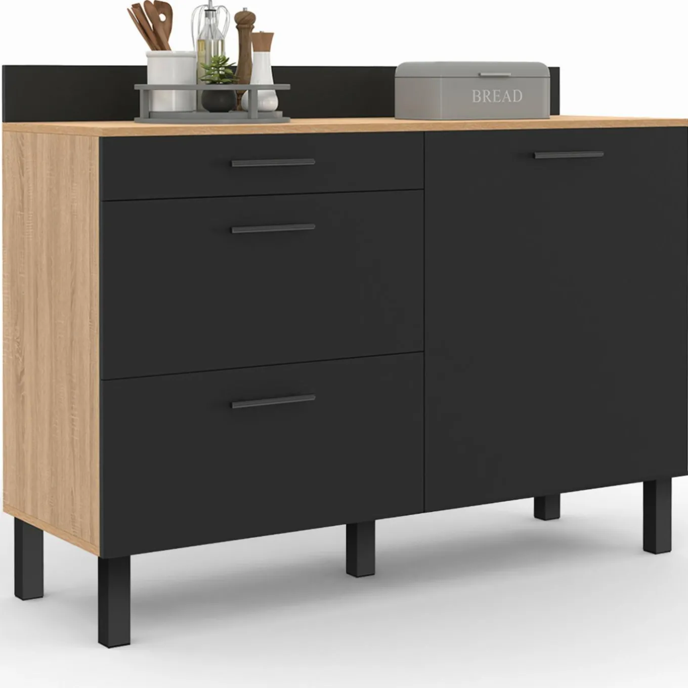 IDMarket Buffet casserolier de cuisine noir et façon hêtre avec 1 porte et 3 tiroirs* Meubles De Cuisine Avec Plan De Travail|Buffets De Cuisine