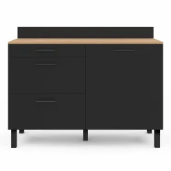 IDMarket Buffet casserolier de cuisine noir et façon hêtre avec 1 porte et 3 tiroirs* Meubles De Cuisine Avec Plan De Travail|Buffets De Cuisine