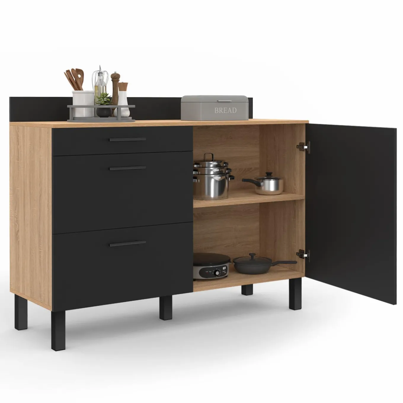 IDMarket Buffet casserolier de cuisine noir et façon hêtre avec 1 porte et 3 tiroirs* Meubles De Cuisine Avec Plan De Travail|Buffets De Cuisine