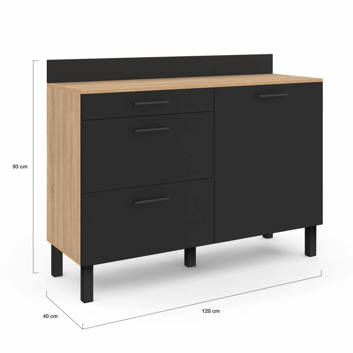 IDMarket Buffet casserolier de cuisine noir et façon hêtre avec 1 porte et 3 tiroirs* Meubles De Cuisine Avec Plan De Travail|Buffets De Cuisine