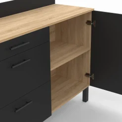 IDMarket Buffet casserolier de cuisine noir et façon hêtre avec 1 porte et 3 tiroirs* Meubles De Cuisine Avec Plan De Travail|Buffets De Cuisine