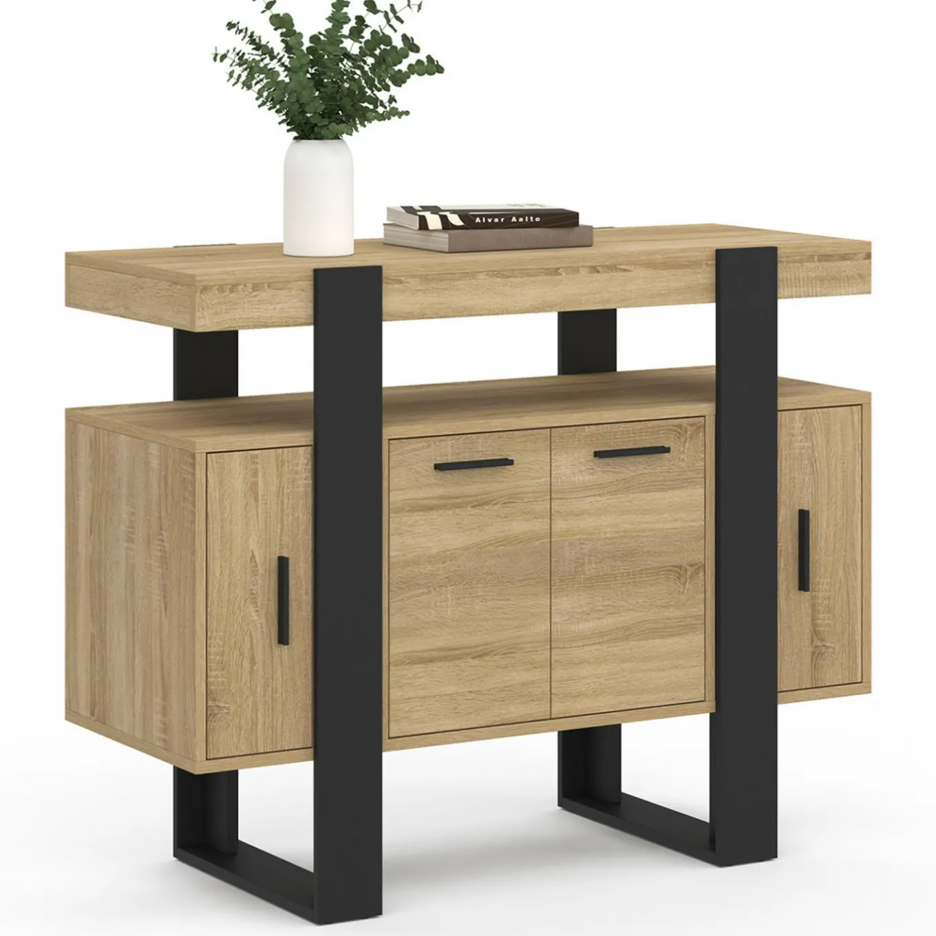 IDMarket Buffet 100cm 4 portes bois et noir avec étagère* Meubles En Bois|Buffets