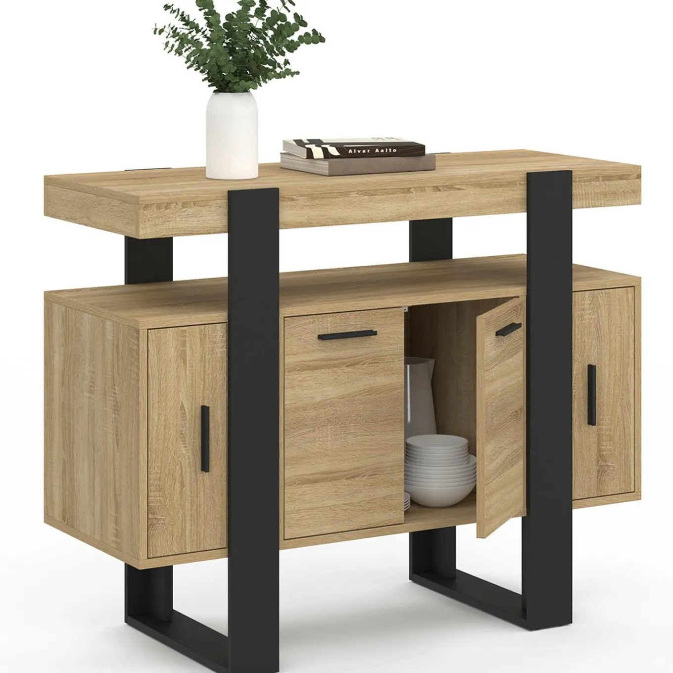IDMarket Buffet 100cm 4 portes bois et noir avec étagère* Meubles En Bois|Buffets