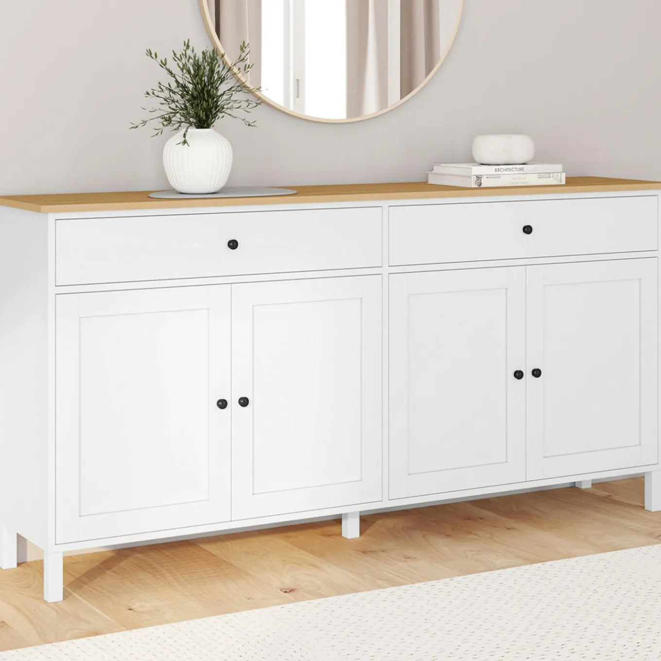 IDMarket Buffet 160cm 4 portes et 2 tiroirs blanc et plateau bois* Meubles Blancs|Meubles En Bois