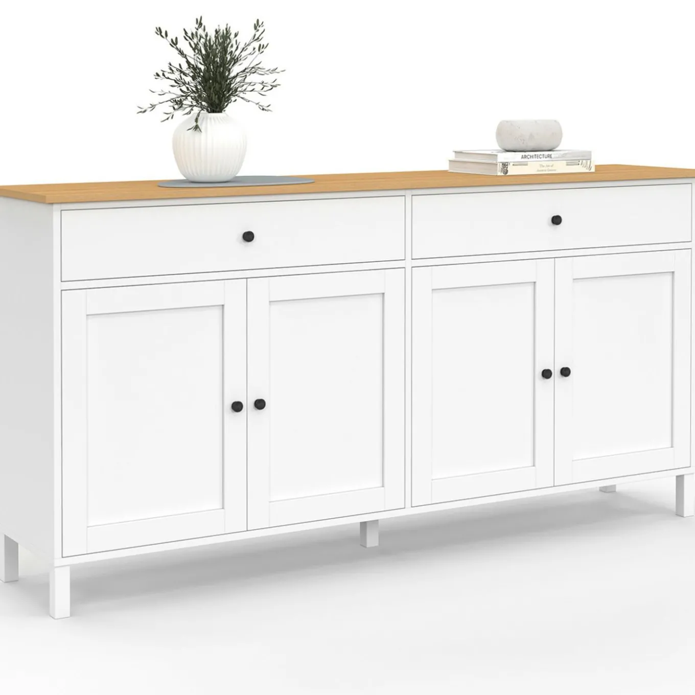 IDMarket Buffet 160cm 4 portes et 2 tiroirs blanc et plateau bois* Meubles Blancs|Meubles En Bois