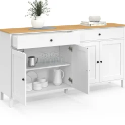 IDMarket Buffet 160cm 4 portes et 2 tiroirs blanc et plateau bois* Meubles Blancs|Meubles En Bois