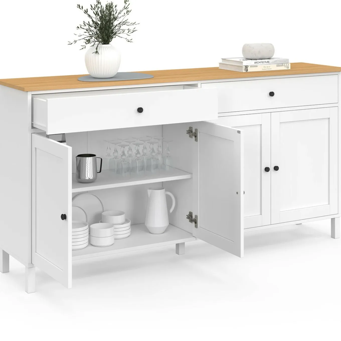 IDMarket Buffet 160cm 4 portes et 2 tiroirs blanc et plateau bois* Meubles Blancs|Meubles En Bois