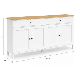 IDMarket Buffet 160cm 4 portes et 2 tiroirs blanc et plateau bois* Meubles Blancs|Meubles En Bois