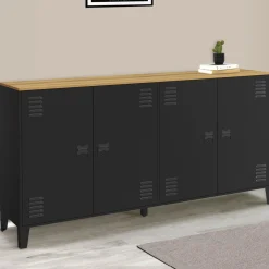 IDMarket Buffet 160cm ESTER 4 portes en métal noir plateau bois design industriel* Buffets|Meubles Tv