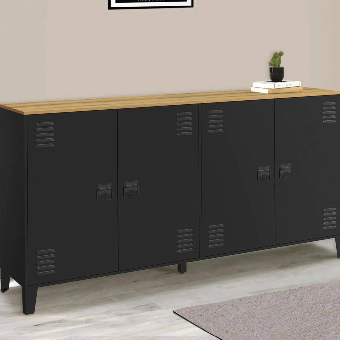 IDMarket Buffet 160cm ESTER 4 portes en métal noir plateau bois design industriel* Buffets|Meubles Tv