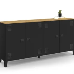 IDMarket Buffet 160cm ESTER 4 portes en métal noir plateau bois design industriel* Buffets|Meubles Tv