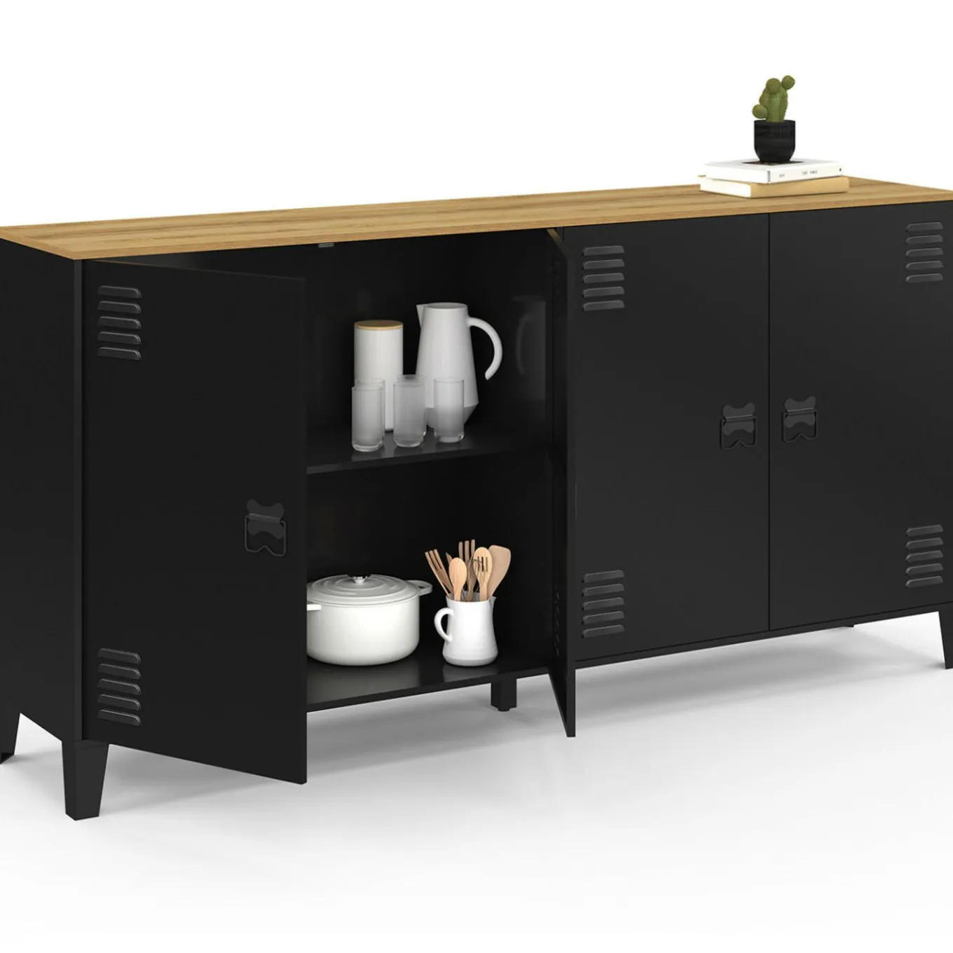 IDMarket Buffet 160cm ESTER 4 portes en métal noir plateau bois design industriel* Buffets|Meubles Tv