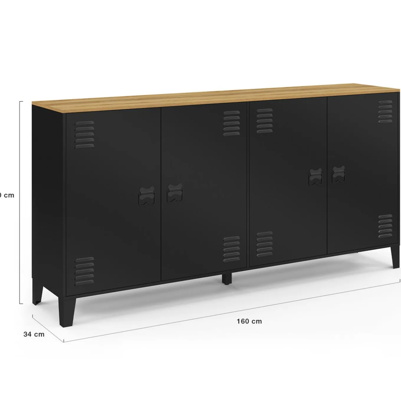 IDMarket Buffet 160cm ESTER 4 portes en métal noir plateau bois design industriel* Buffets|Meubles Tv