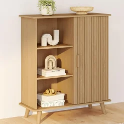 IDMarket Buffet d'appoint 70 cm bois effet lattes et tasseau avec 3 étagères et placard* Petits Meubles|Buffets