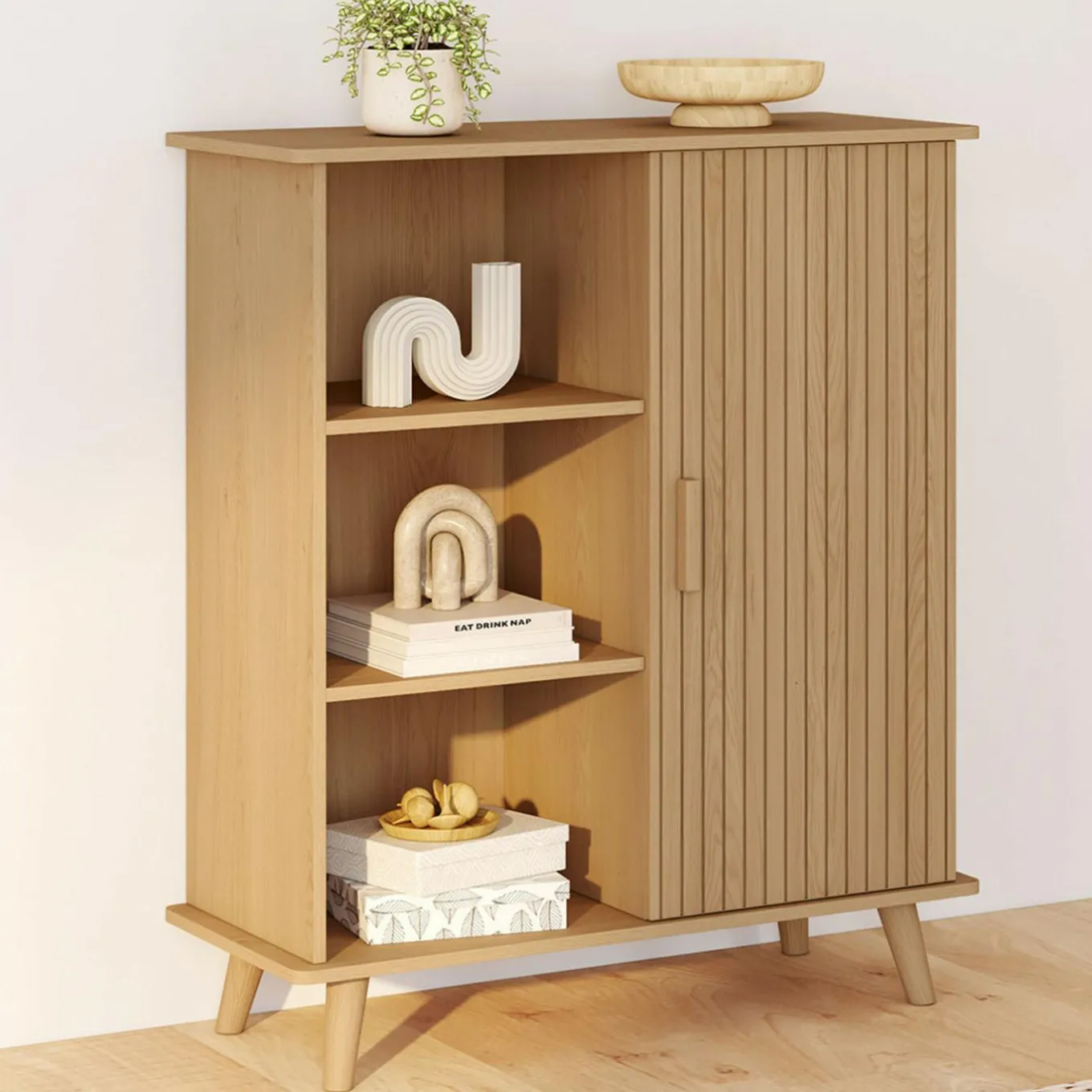 IDMarket Buffet d'appoint 70 cm bois effet lattes et tasseau avec 3 étagères et placard* Petits Meubles|Buffets