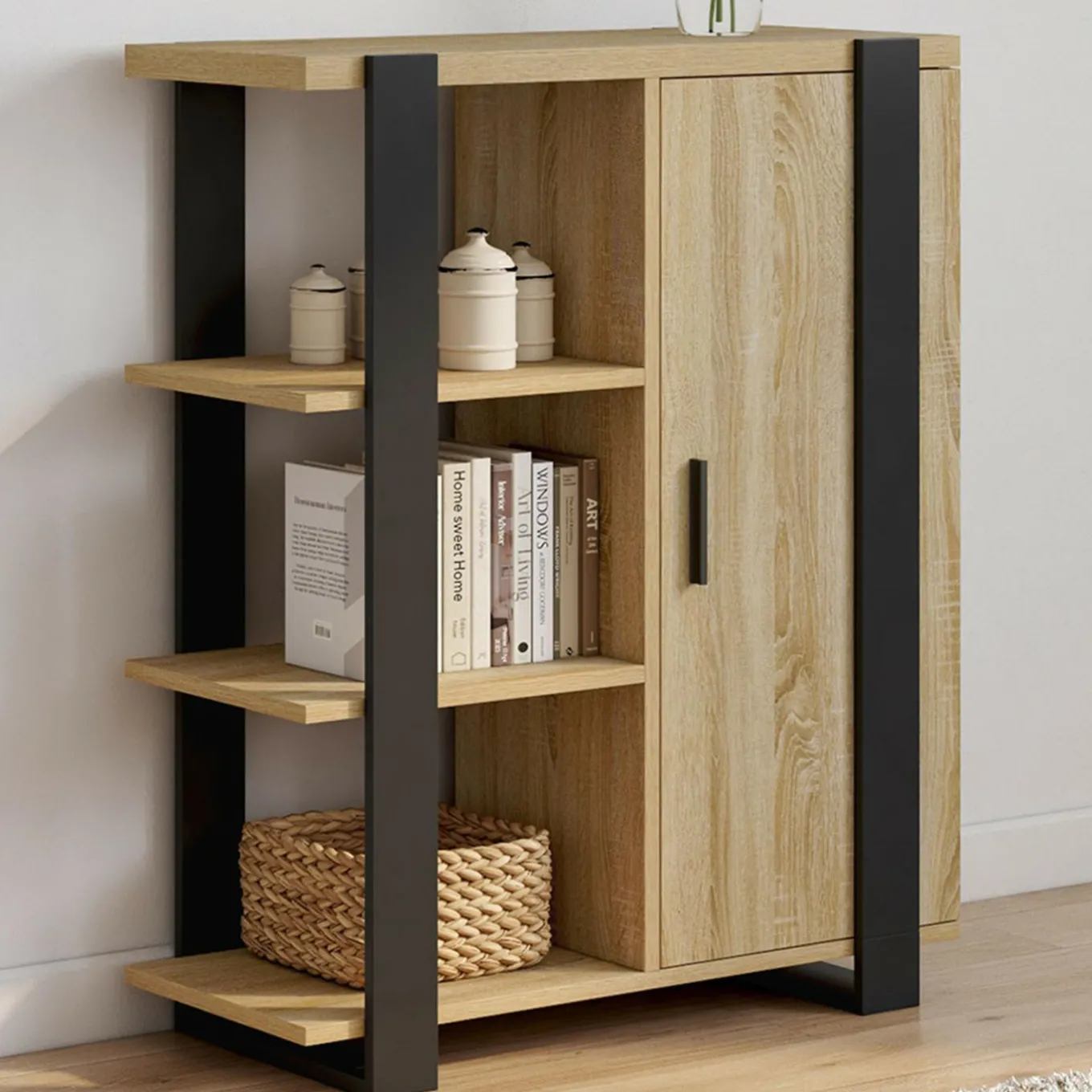 IDMarket Buffet d'appoint 3 étagères et placard 70 cm bois et noir* Petits Meubles|Buffets