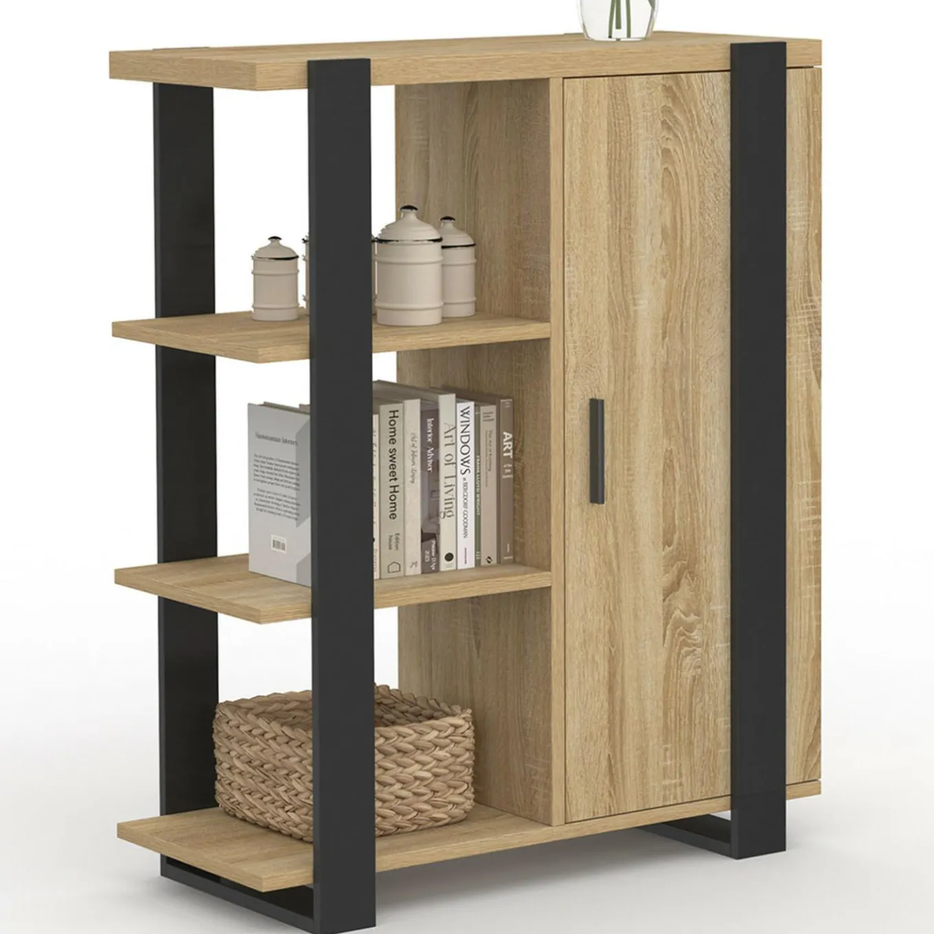 IDMarket Buffet d'appoint 3 étagères et placard 70 cm bois et noir* Petits Meubles|Buffets