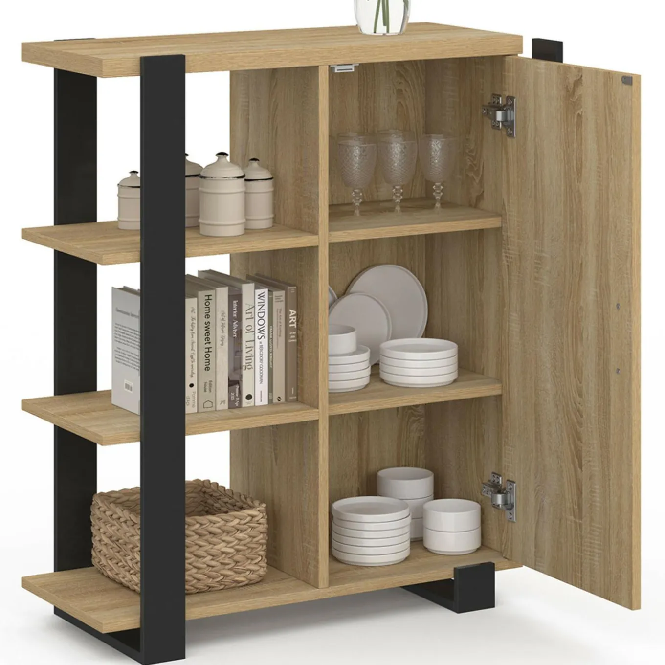 IDMarket Buffet d'appoint 3 étagères et placard 70 cm bois et noir* Petits Meubles|Buffets