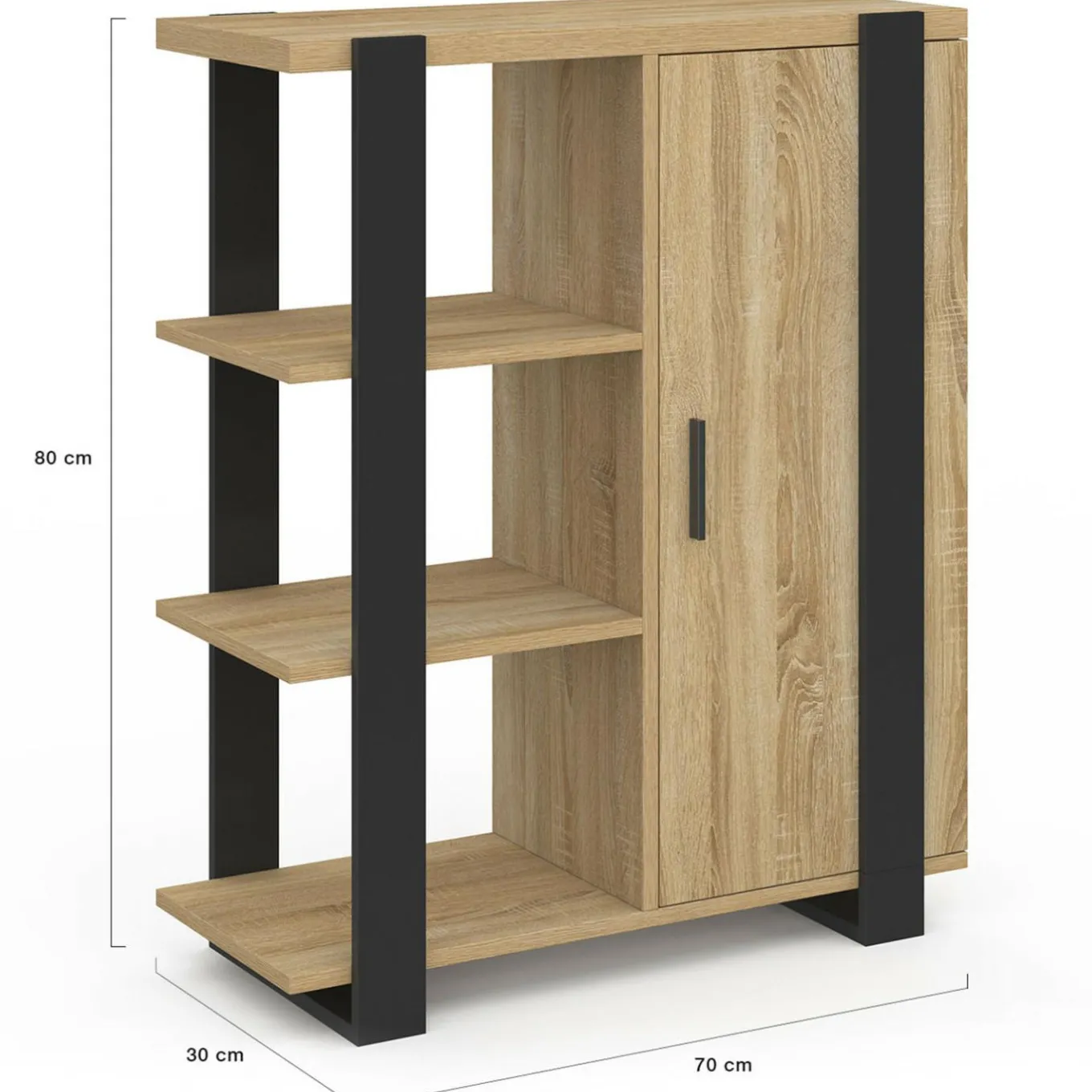 IDMarket Buffet d'appoint 3 étagères et placard 70 cm bois et noir* Petits Meubles|Buffets