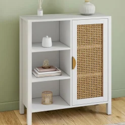 IDMarket Buffet d'appoint 3 étagères et placard de 70 cm blanc avec cannage* Collection Cannage|Salon Complet