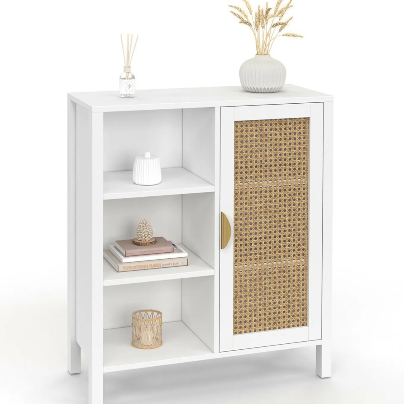 IDMarket Buffet d'appoint 3 étagères et placard de 70 cm blanc avec cannage* Collection Cannage|Salon Complet