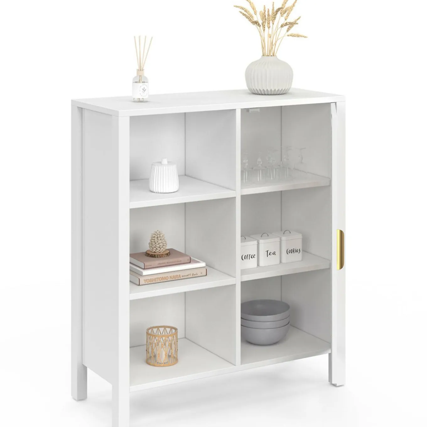 IDMarket Buffet d'appoint 3 étagères et placard de 70 cm blanc avec cannage* Collection Cannage|Salon Complet
