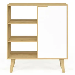 IDMarket Buffet d'appoint 3 étagères et placard 70 cm blanc et bois façon hêtre* Meubles Blancs|Meubles En Bois
