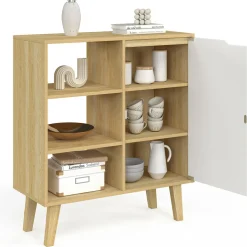 IDMarket Buffet d'appoint 3 étagères et placard 70 cm blanc et bois façon hêtre* Meubles Blancs|Meubles En Bois