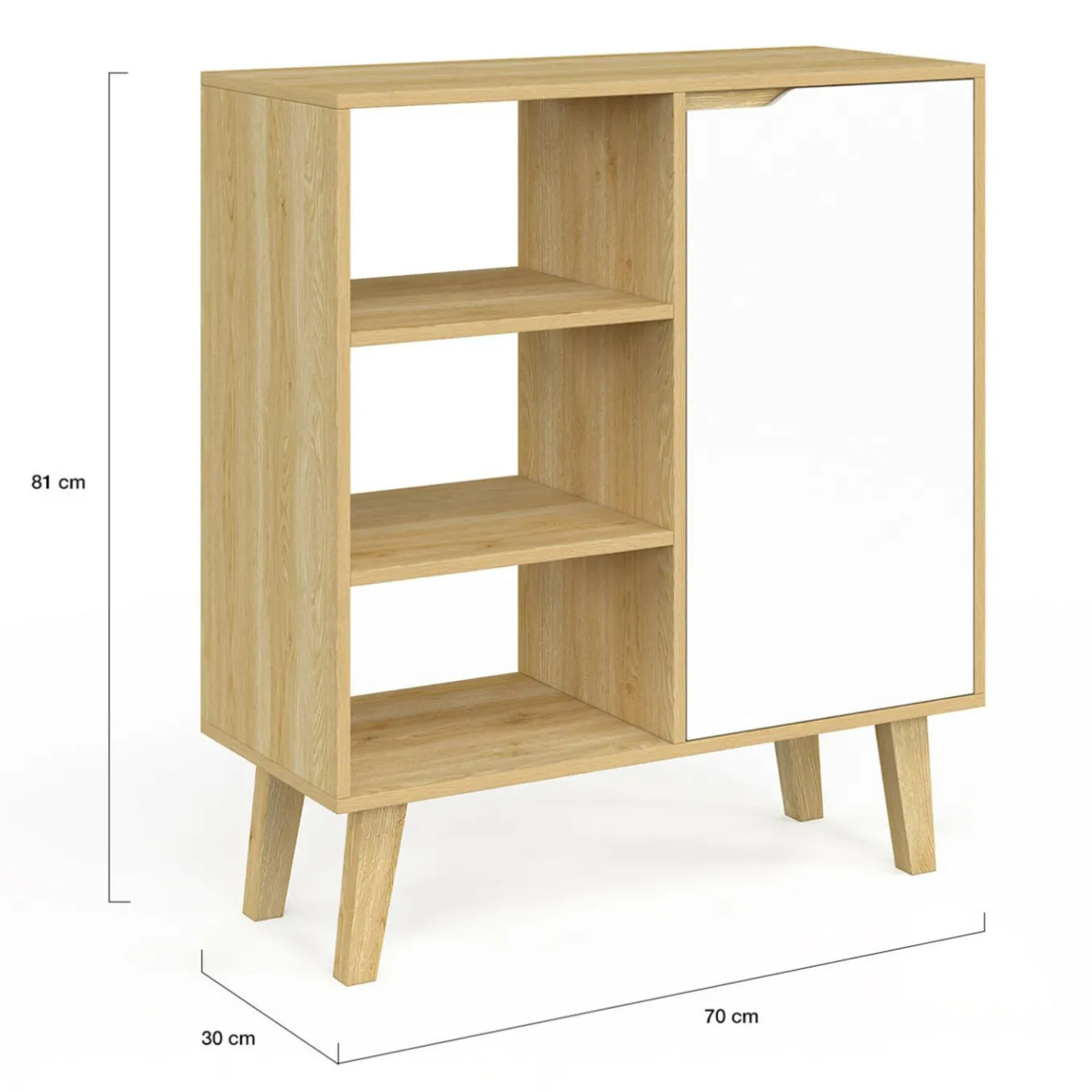 IDMarket Buffet d'appoint 3 étagères et placard 70 cm blanc et bois façon hêtre* Meubles Blancs|Meubles En Bois