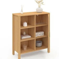 IDMarket Buffet d’appoint cannage avec 3 étagères et placard 70 cm* Collection Cannage|Buffets