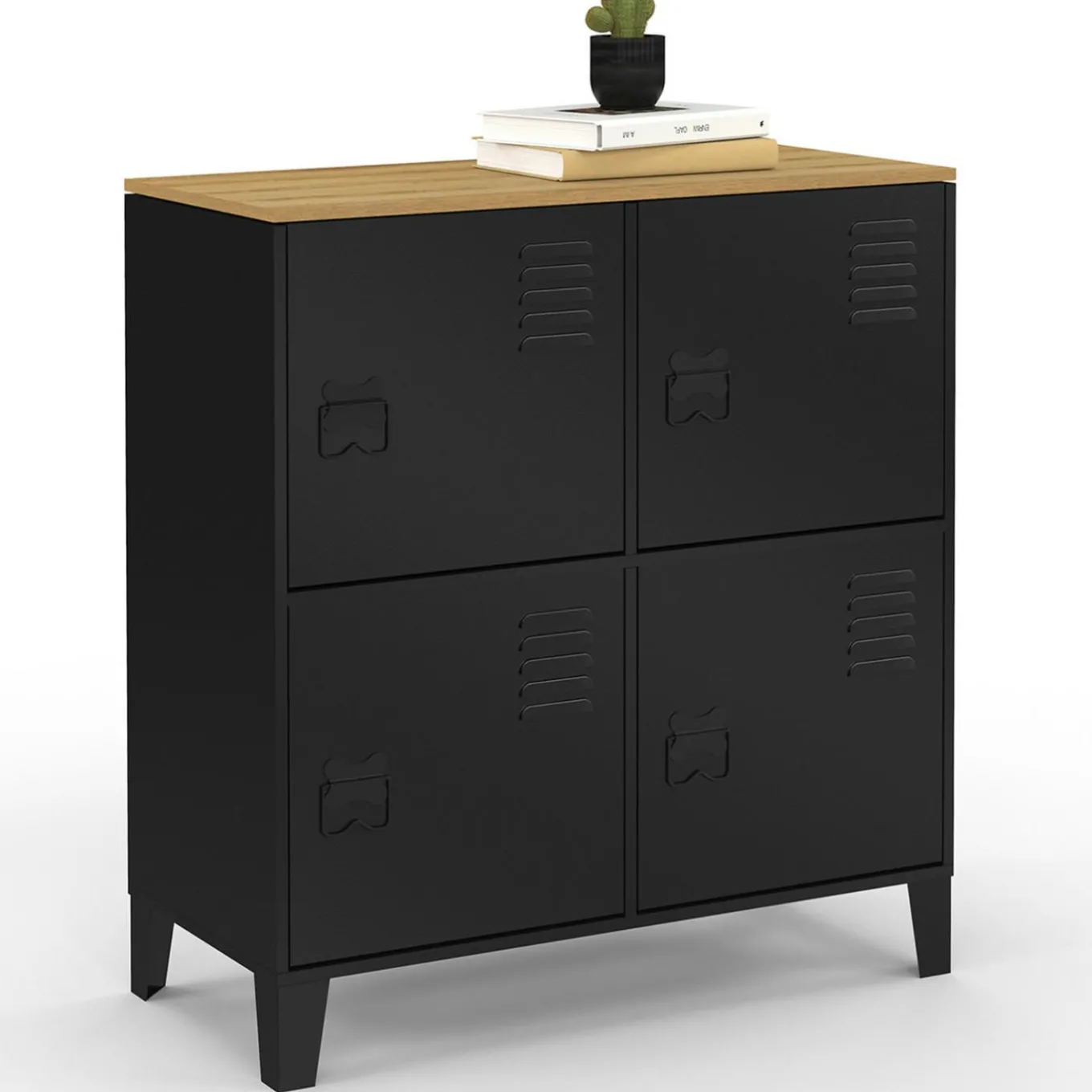 IDMarket Buffet d'appoint casier 70 cm 4 portes en métal noir plateau bois design industriel* Collection Métal|Buffets