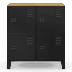IDMarket Buffet d'appoint casier 70 cm 4 portes en métal noir plateau bois design industriel* Collection Métal|Buffets