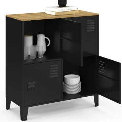 IDMarket Buffet d'appoint casier 70 cm 4 portes en métal noir plateau bois design industriel* Collection Métal|Buffets