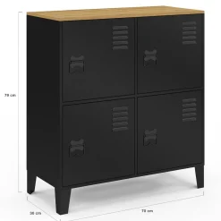 IDMarket Buffet d'appoint casier 70 cm 4 portes en métal noir plateau bois design industriel* Collection Métal|Buffets