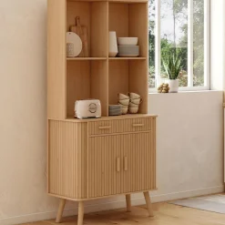 IDMarket Buffet de cuisine 80 CM 2 portes + tiroir effet lattes tasseau de bois* Collection Contemporaine|Buffets De Cuisine