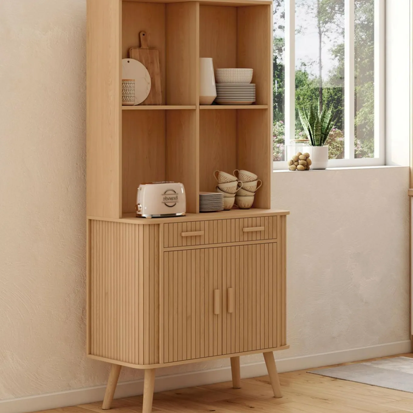 IDMarket Buffet de cuisine 80 CM 2 portes + tiroir effet lattes tasseau de bois* Collection Contemporaine|Buffets De Cuisine