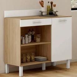 IDMarket Buffet de cuisine bas 100 cm bois façon hêtre et blanc plan de travail H.83 cm* Meubles Tiroirs|Meubles Bas