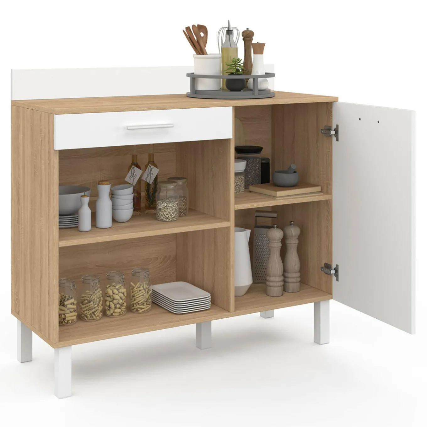 IDMarket Buffet de cuisine bas 100 cm bois façon hêtre et blanc plan de travail H.83 cm* Meubles Tiroirs|Meubles Bas