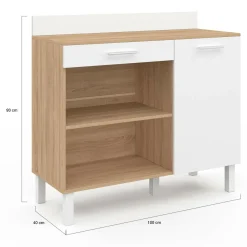 IDMarket Buffet de cuisine bas 100 cm bois façon hêtre et blanc plan de travail H.83 cm* Meubles Tiroirs|Meubles Bas