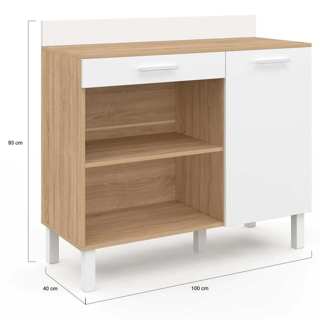 IDMarket Buffet de cuisine bas 100 cm bois façon hêtre et blanc plan de travail H.83 cm* Meubles Tiroirs|Meubles Bas