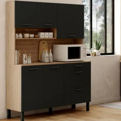 IDMarket Buffet de cuisine casserolier 5 portes + 3 tiroirs façon hêtre et noir* Meubles Tiroirs|Meubles Hauts